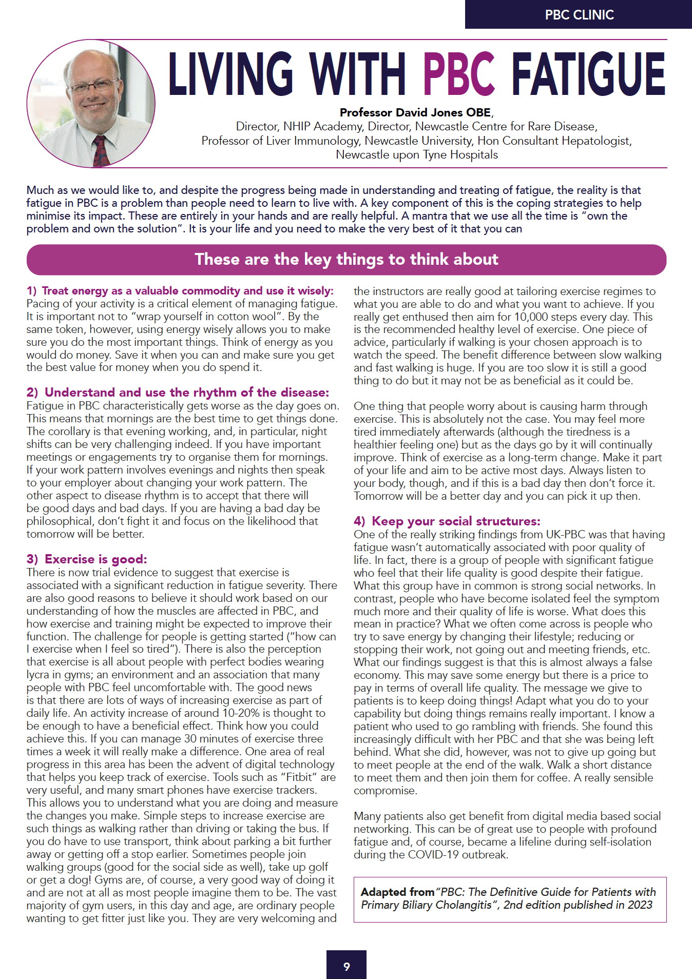 An example page from the PBC Foundation Bear Facts magazine, featuring the a PBC Clinic article about living with PBC fatigue by Professor David Jones OBE
