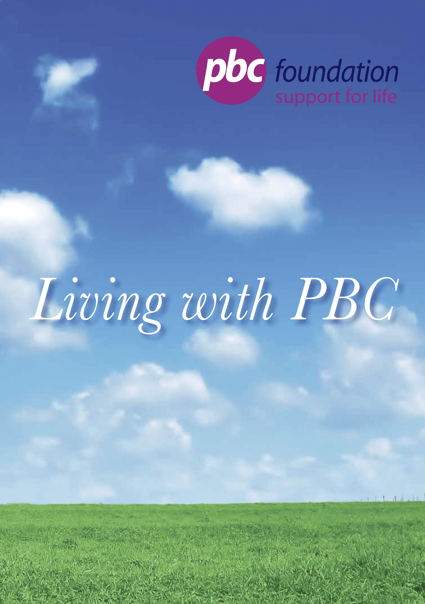 Cover of the PBC Foundation Compendium, featuring a blue sky with fluffy clouds and the words Living with PBC