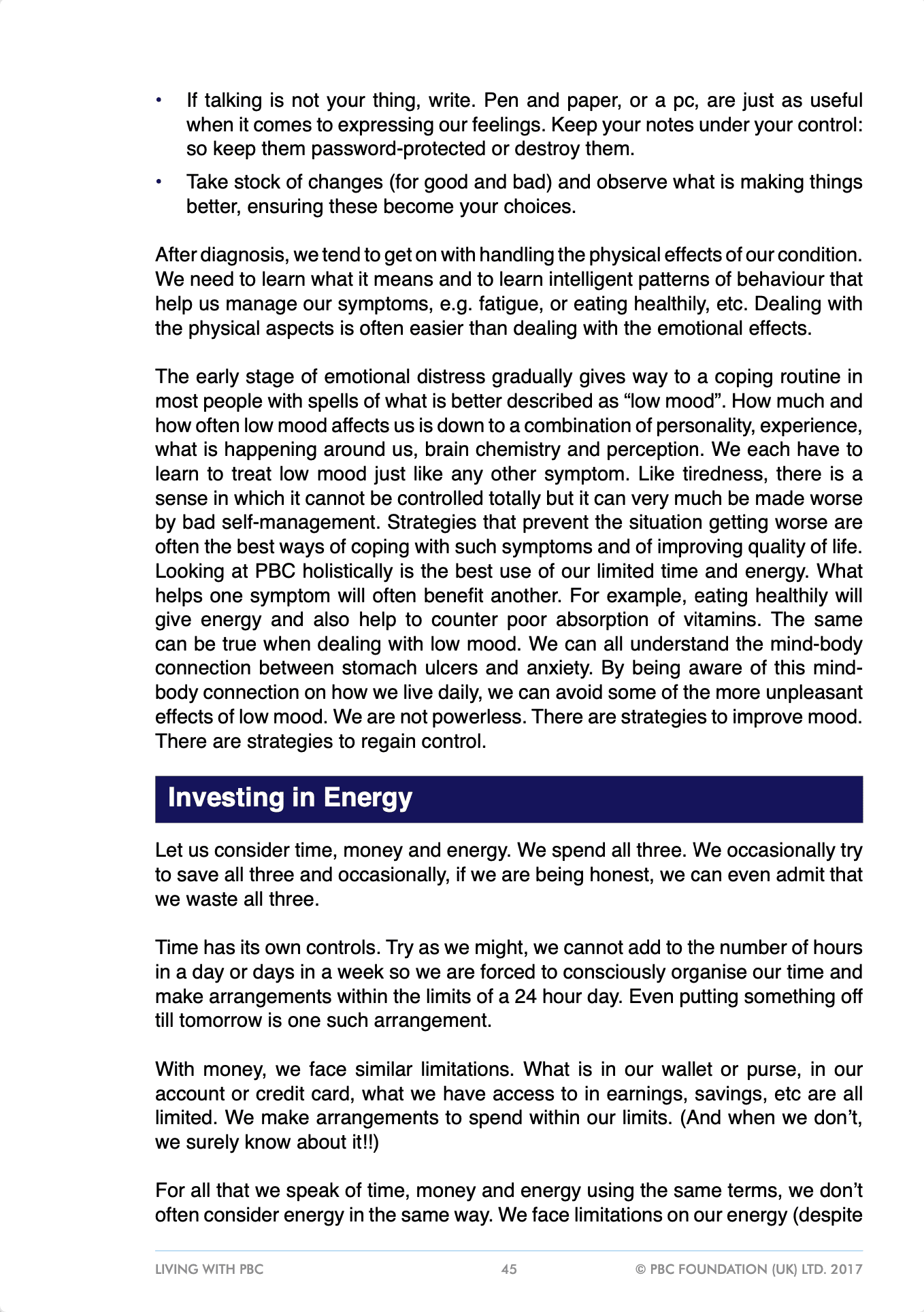 A page of text from the PBC Foundation Compendium about investing in energy