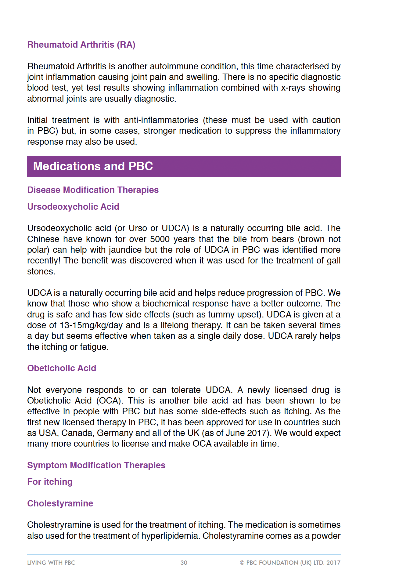 A page of text from the PBC Foundation Compendium about medications and PBC
