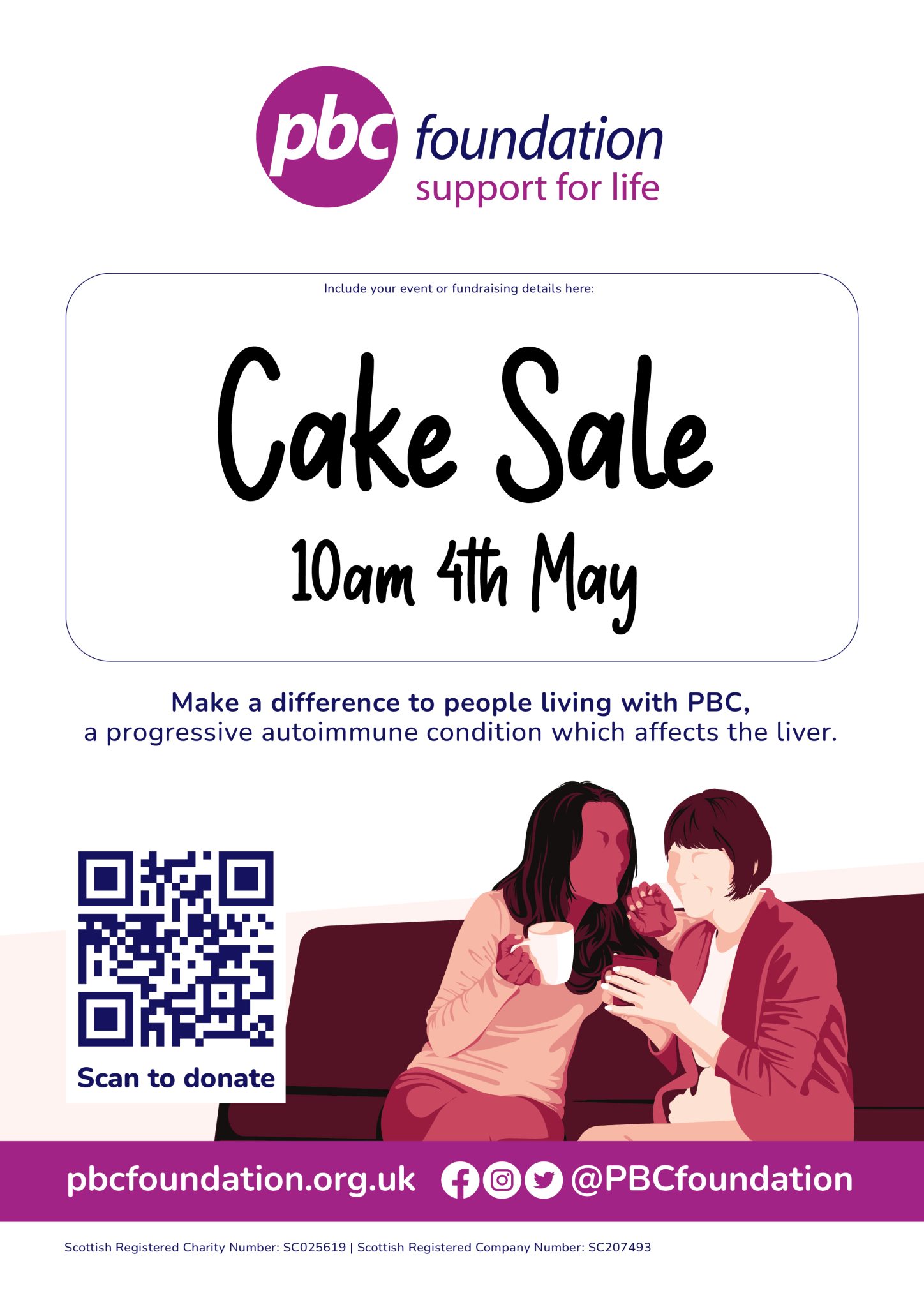 A poster that can be personalised to promote an event. It includes an image of two women chatting over a coffee. The example text says Cake Sale, 10am 4th May.