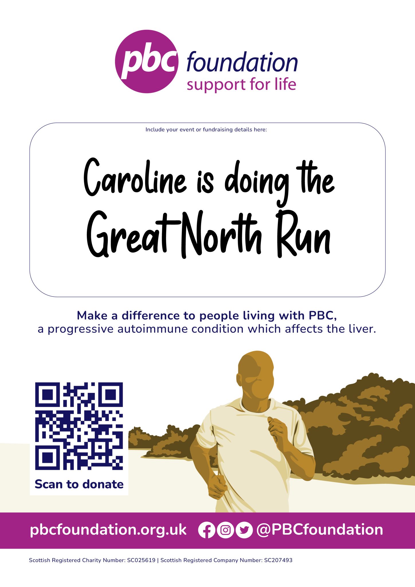 A poster that can be personalised to promote an event. It includes an image of a man running. The example text says Caroline is doing the Great North Run.